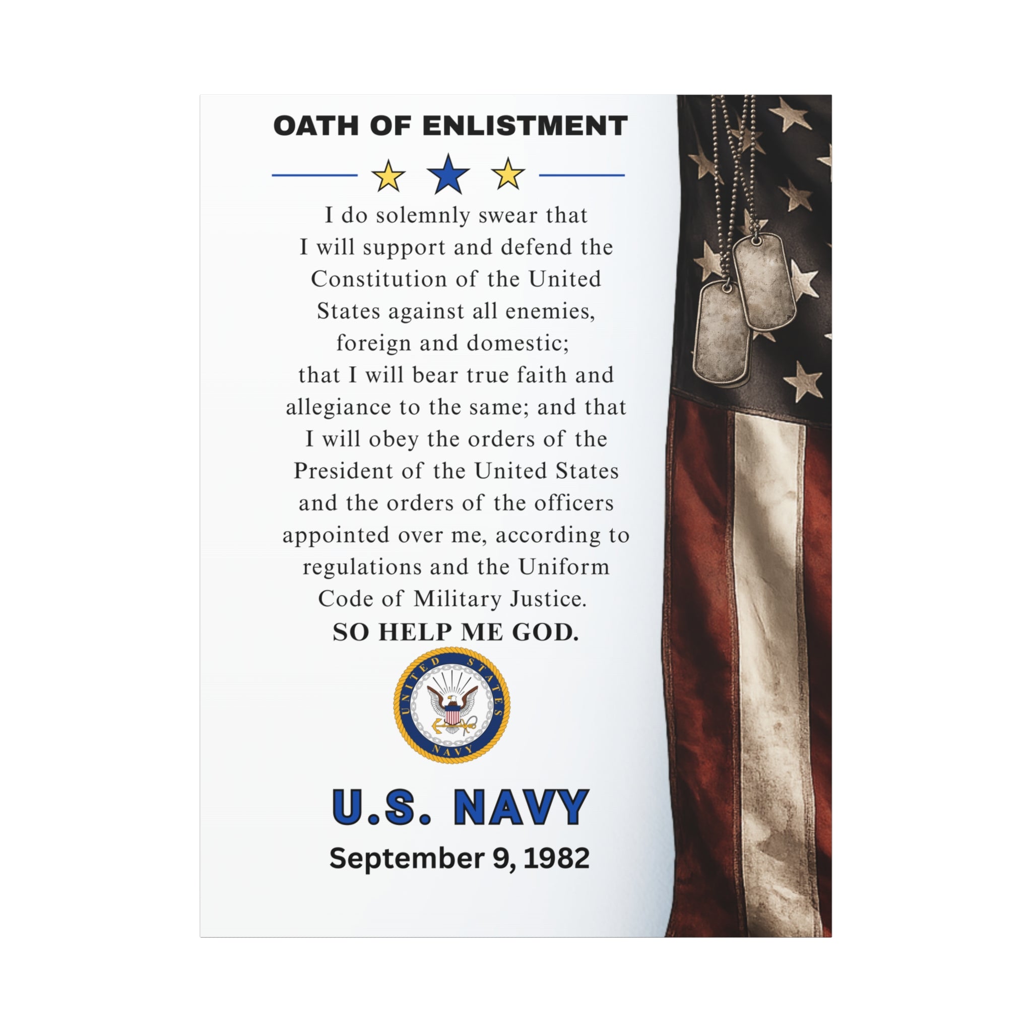 U.S. Navy Oath of Enlistment Matte Canvas Wall Art — Personalize Date of Enlistment