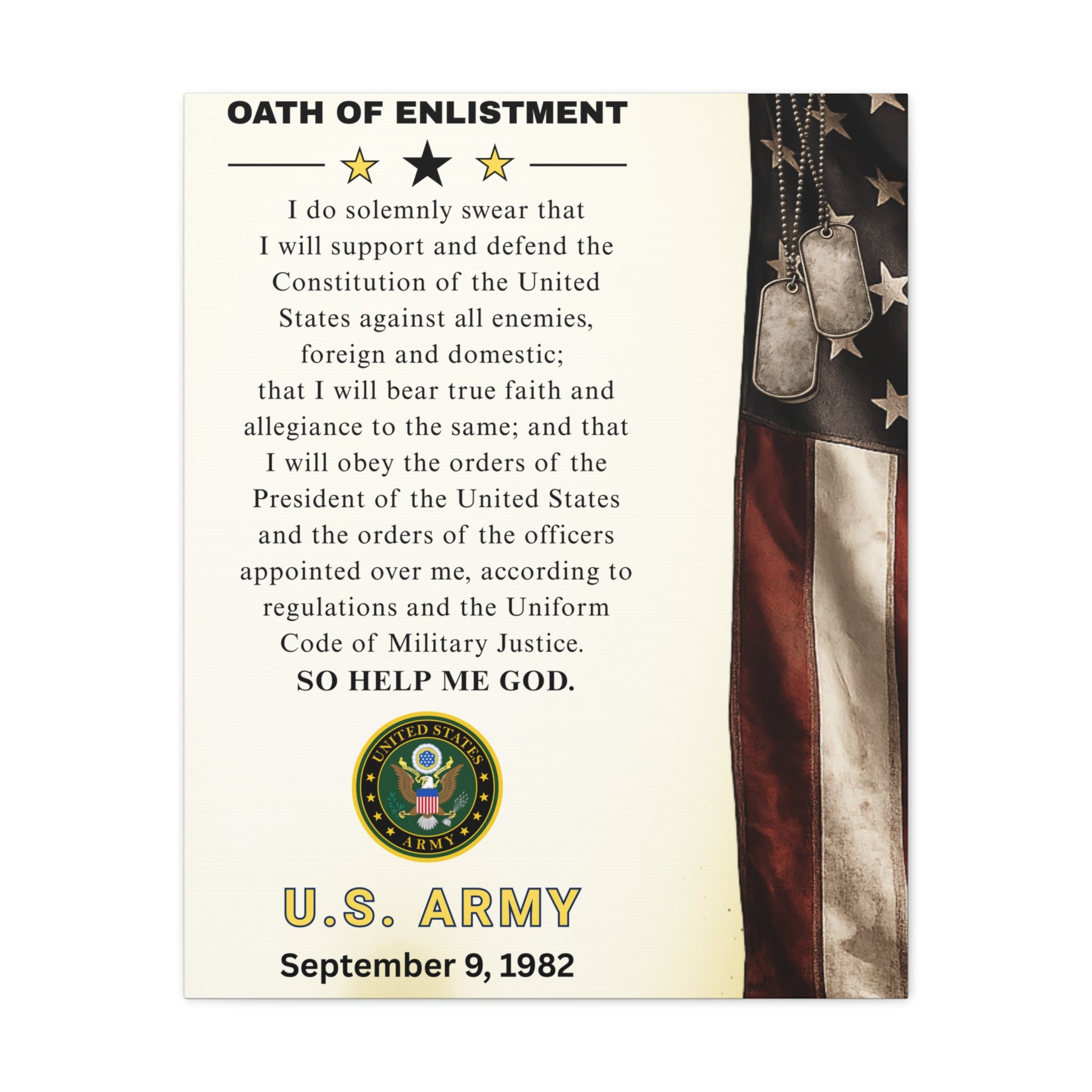 U.S. Army Oath of Enlistment Matte Canvas Wall Art — Personalized Date
