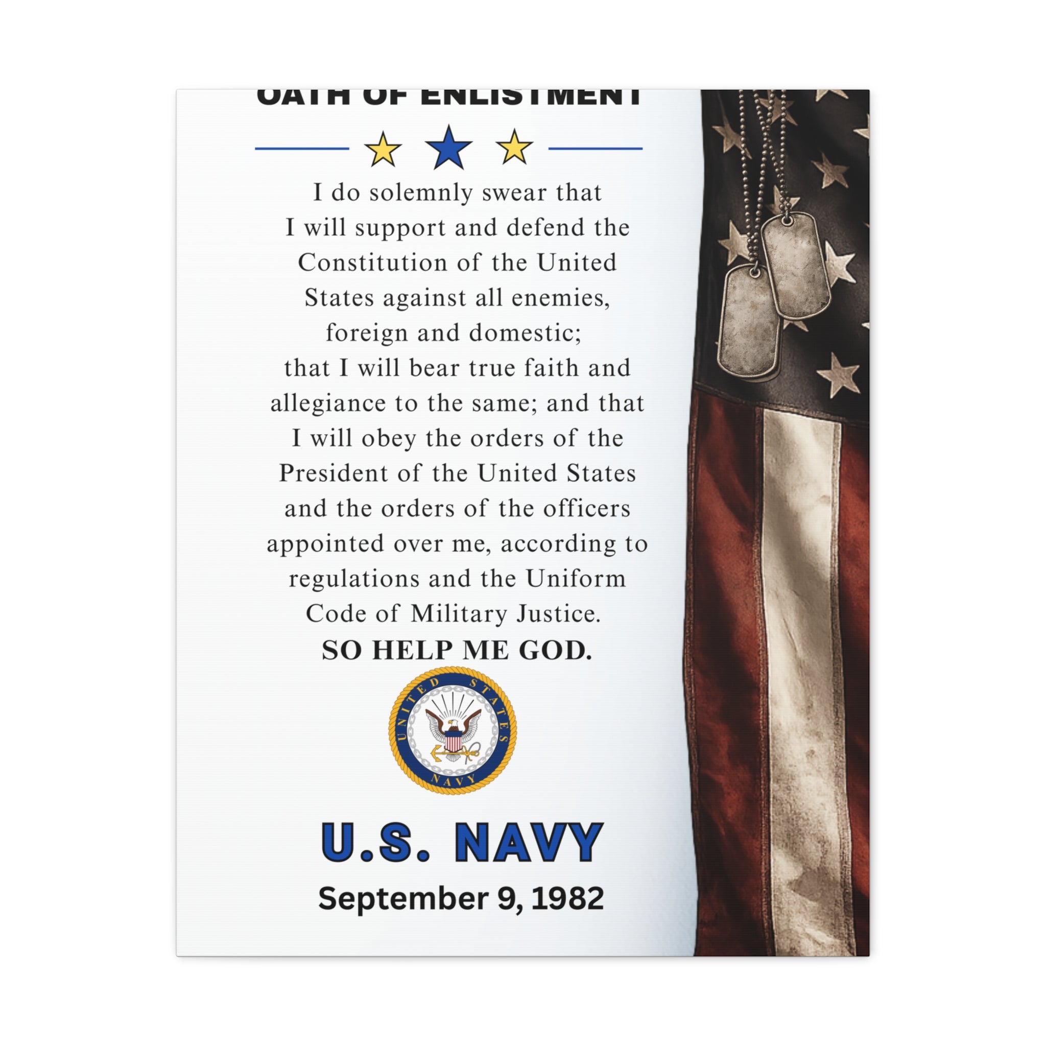 U.S. Navy Oath of Enlistment Matte Canvas Wall Art — Personalize Date of Enlistment