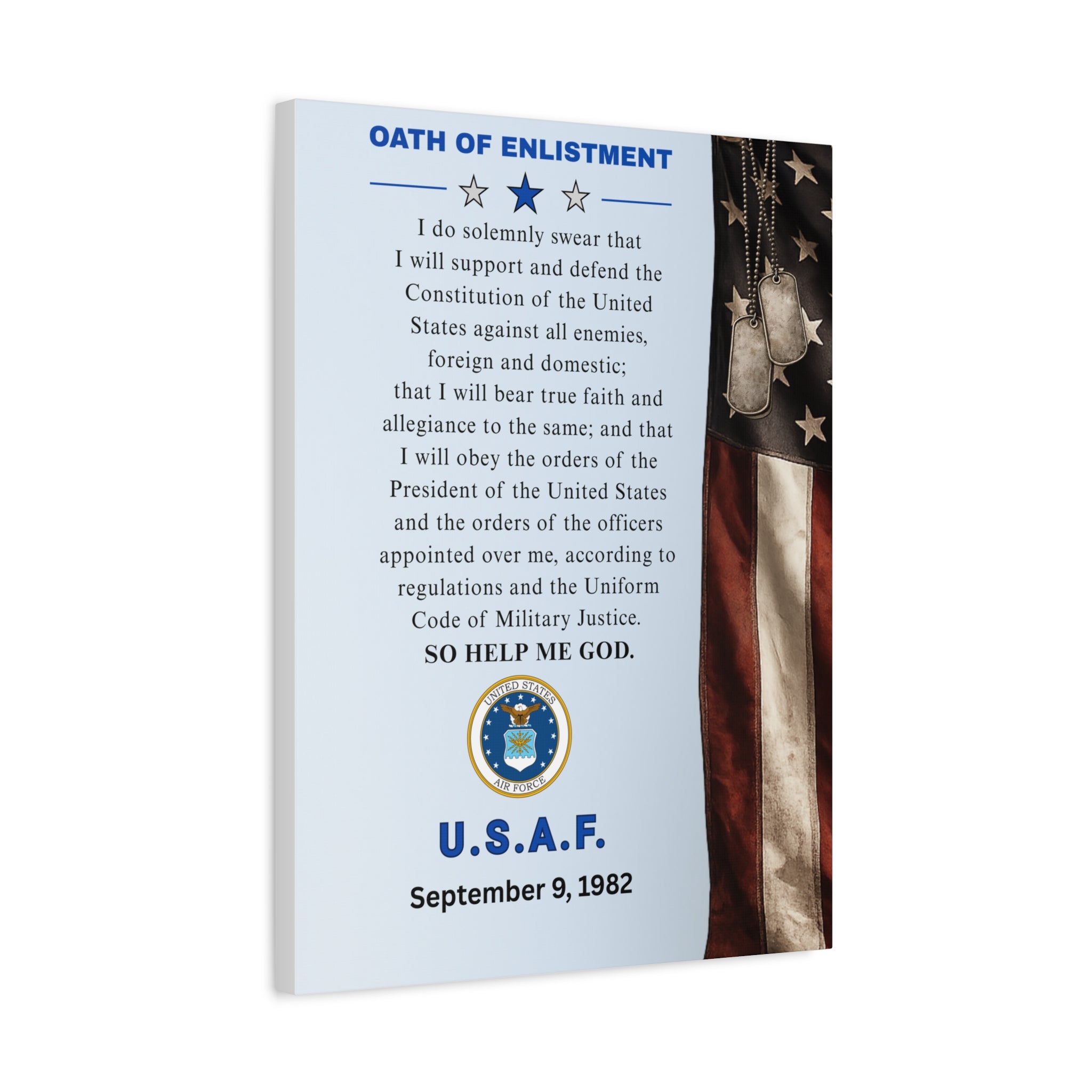 USAF Oath of Enlistment Matte Canvas — Personalized Military Keepsake (Add your own enlistment date)