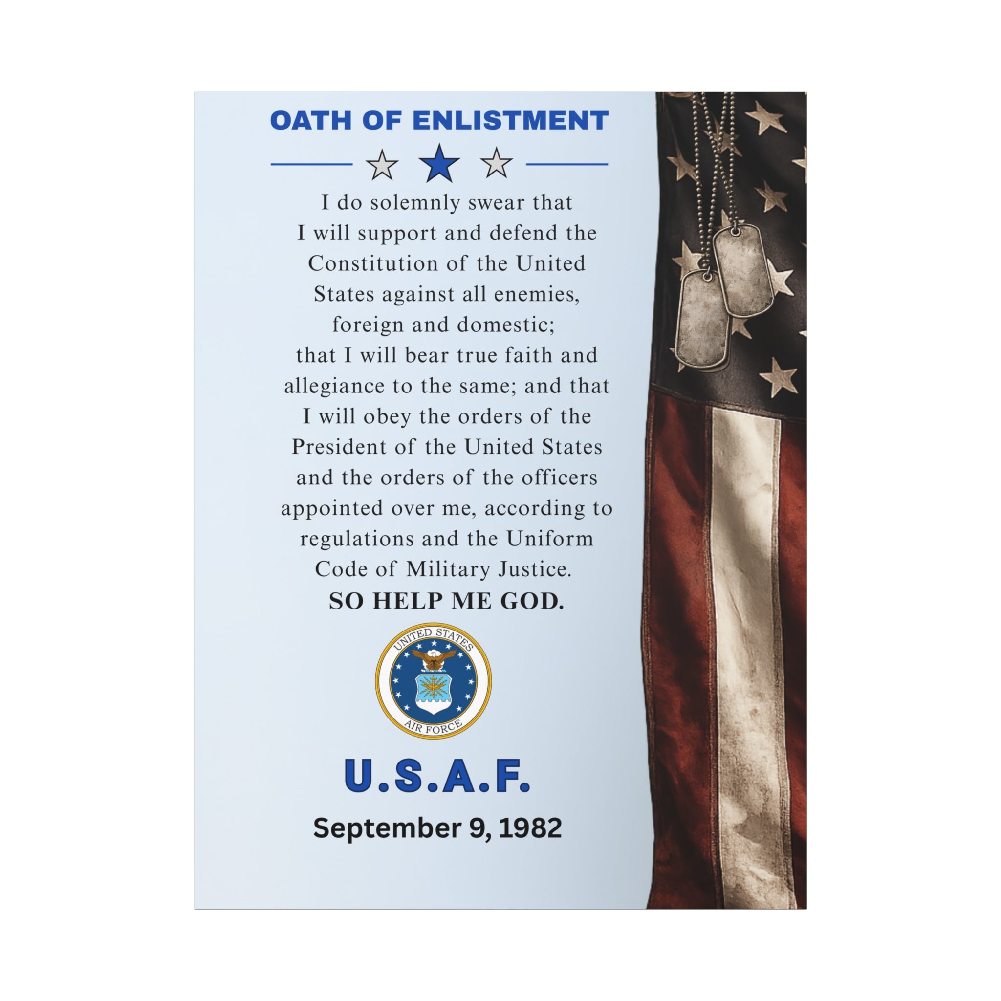 USAF Oath of Enlistment Matte Canvas — Personalized Military Keepsake (Add your own enlistment date)