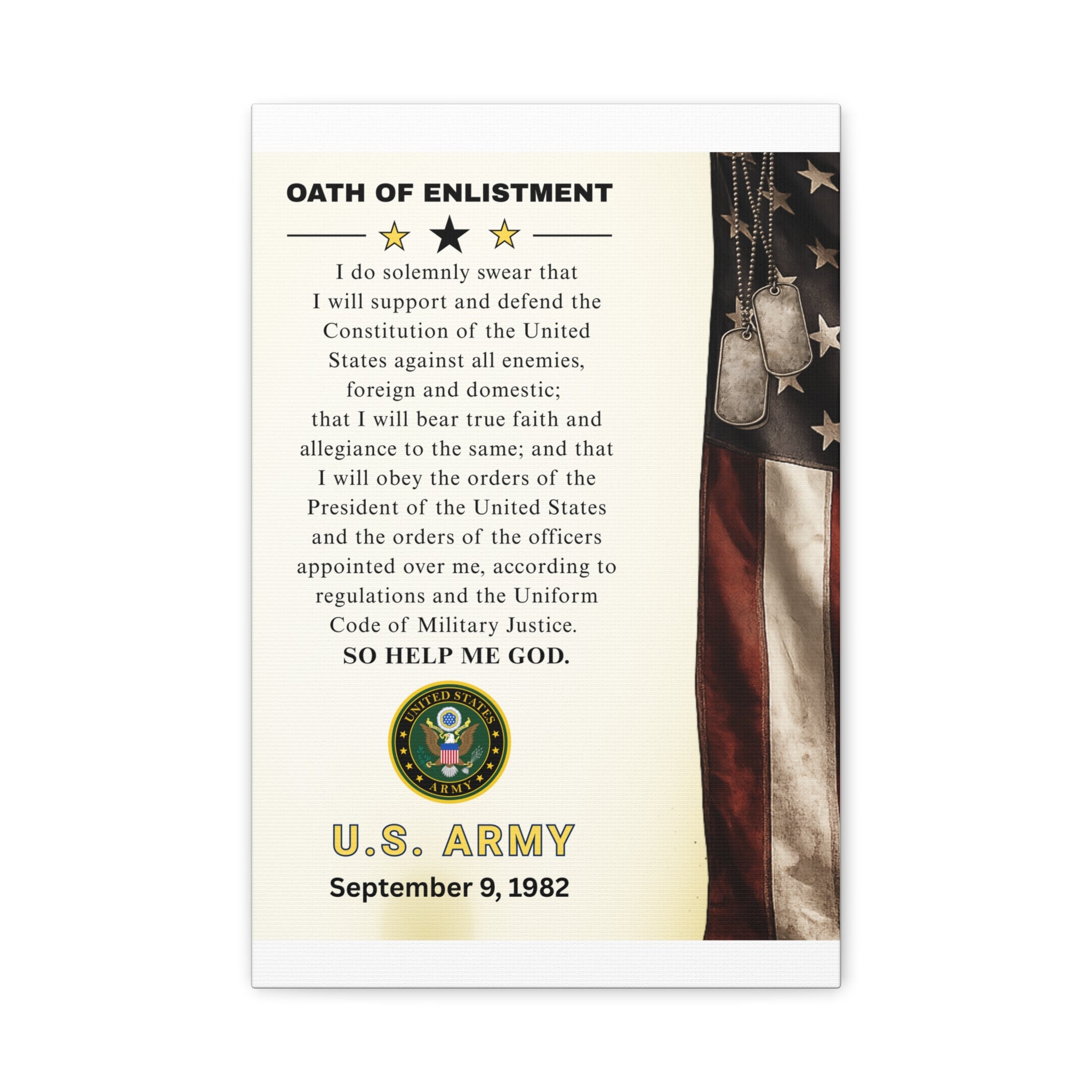 U.S. Army Oath of Enlistment Matte Canvas Wall Art — Personalized Date