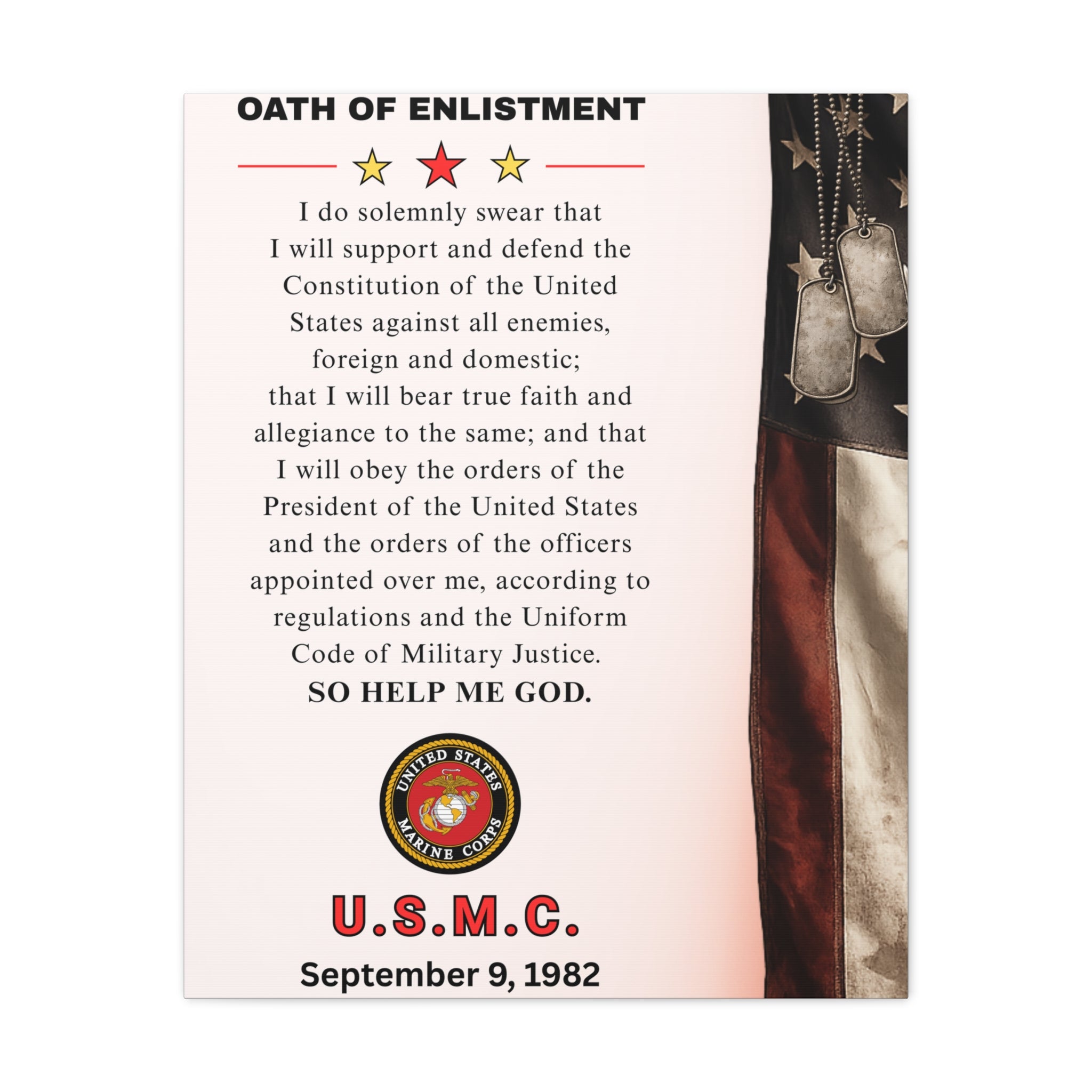 USMC Oath of Enlistment Matte Canvas — Personalized Date of Enlistment Military Wall Art