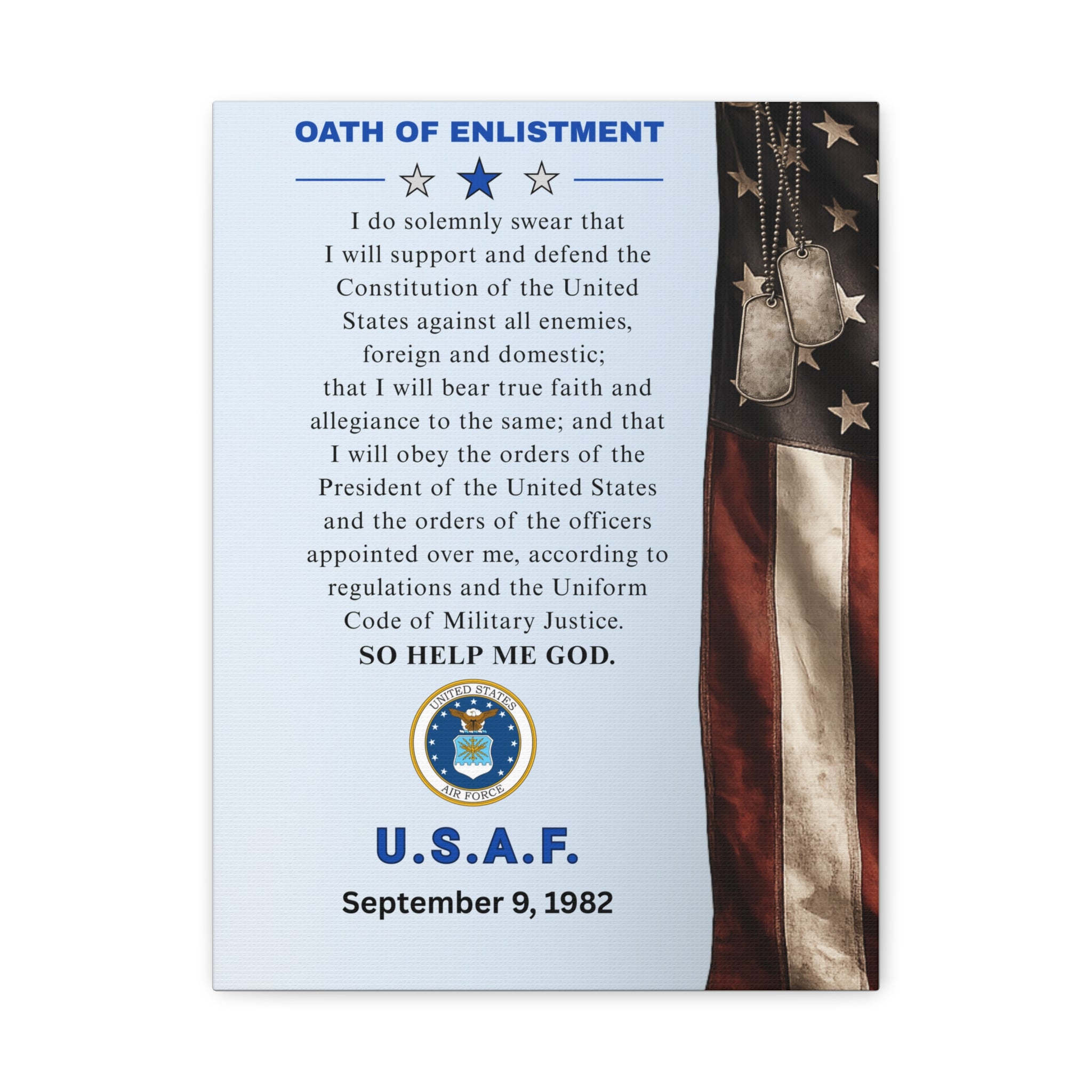 USAF Oath of Enlistment Matte Canvas — Personalized Military Keepsake (Add your own enlistment date)