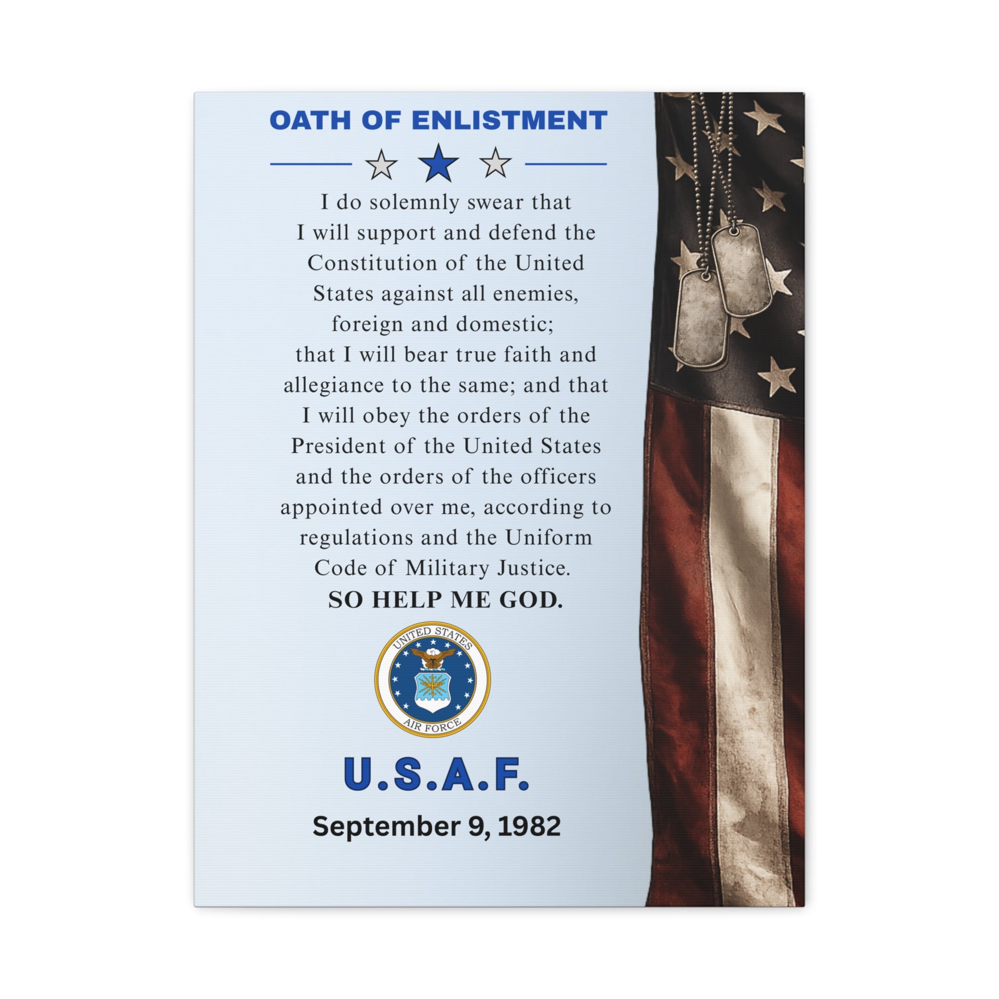 USAF Oath of Enlistment Matte Canvas — Personalized Military Keepsake (Add your own enlistment date)