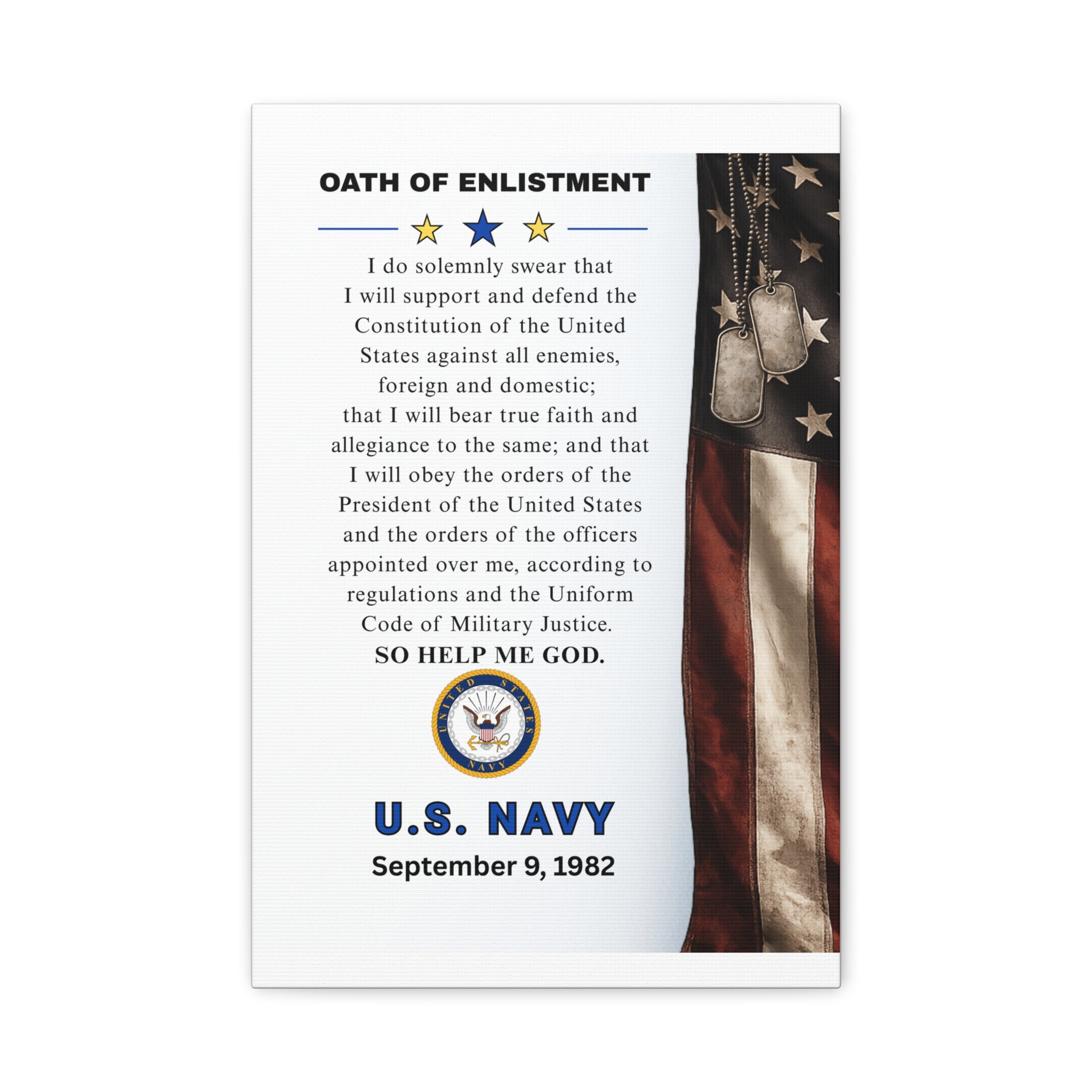 U.S. Navy Oath of Enlistment Matte Canvas Wall Art — Personalize Date of Enlistment